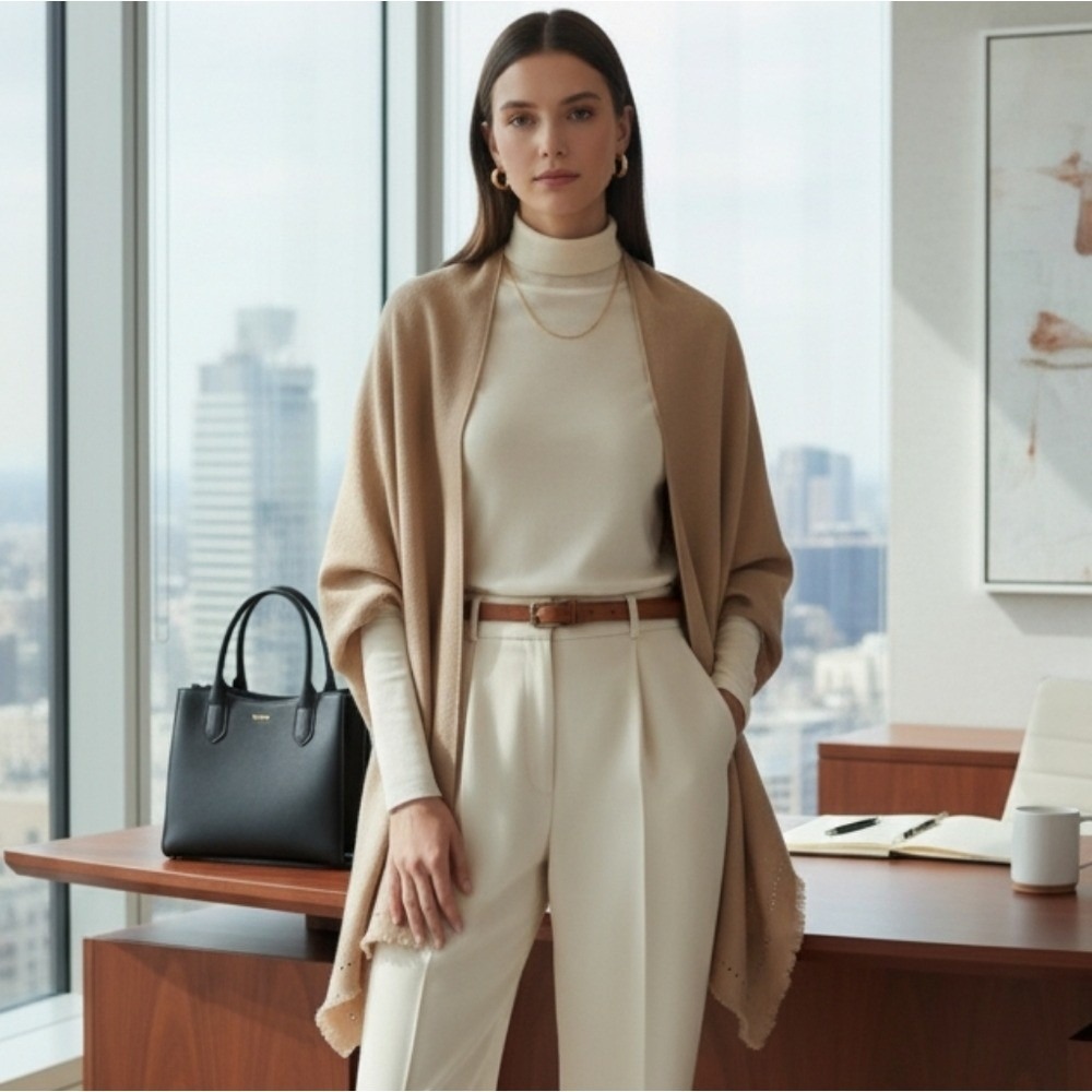 Vince Camuto Tan Shawl Wrap Cardigan‎ Fringe Gold Studs OS Quiet Luxury Modern